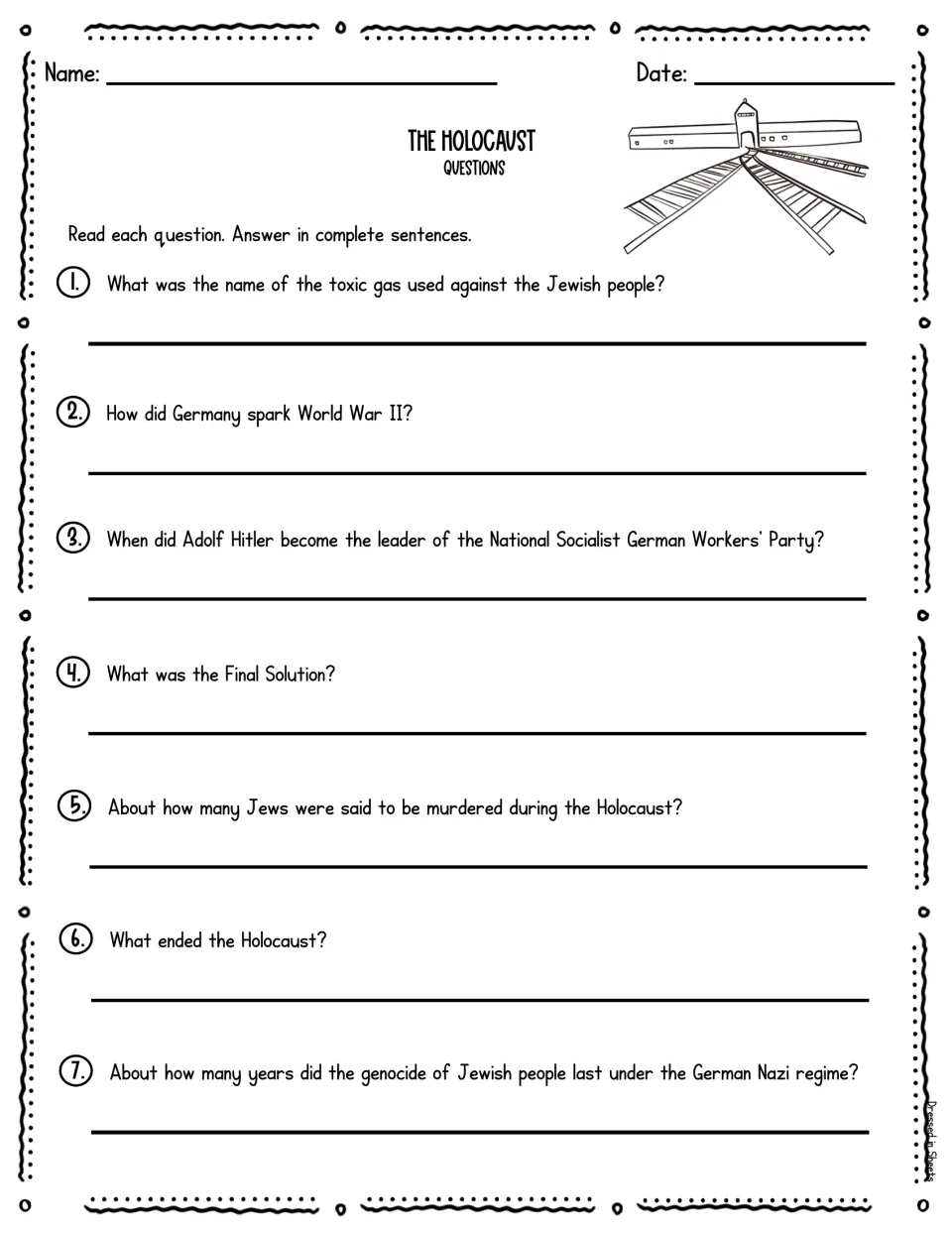 Holocaust questions: students write complete-sentence answers to 7 questions on Zyklon B, Poland and the Final Solution