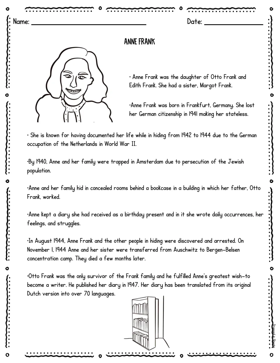Anne Frank biography reading: her family, hiding behind a bookcase in Amsterdam, her diary and her 1944 arrest