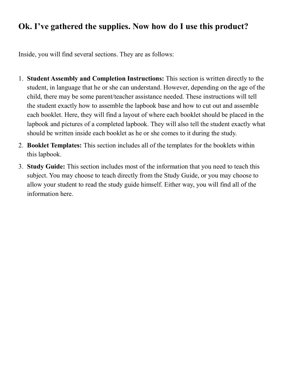 How to use this product: overview of three sections, student assembly instructions, booklet templates and study guide