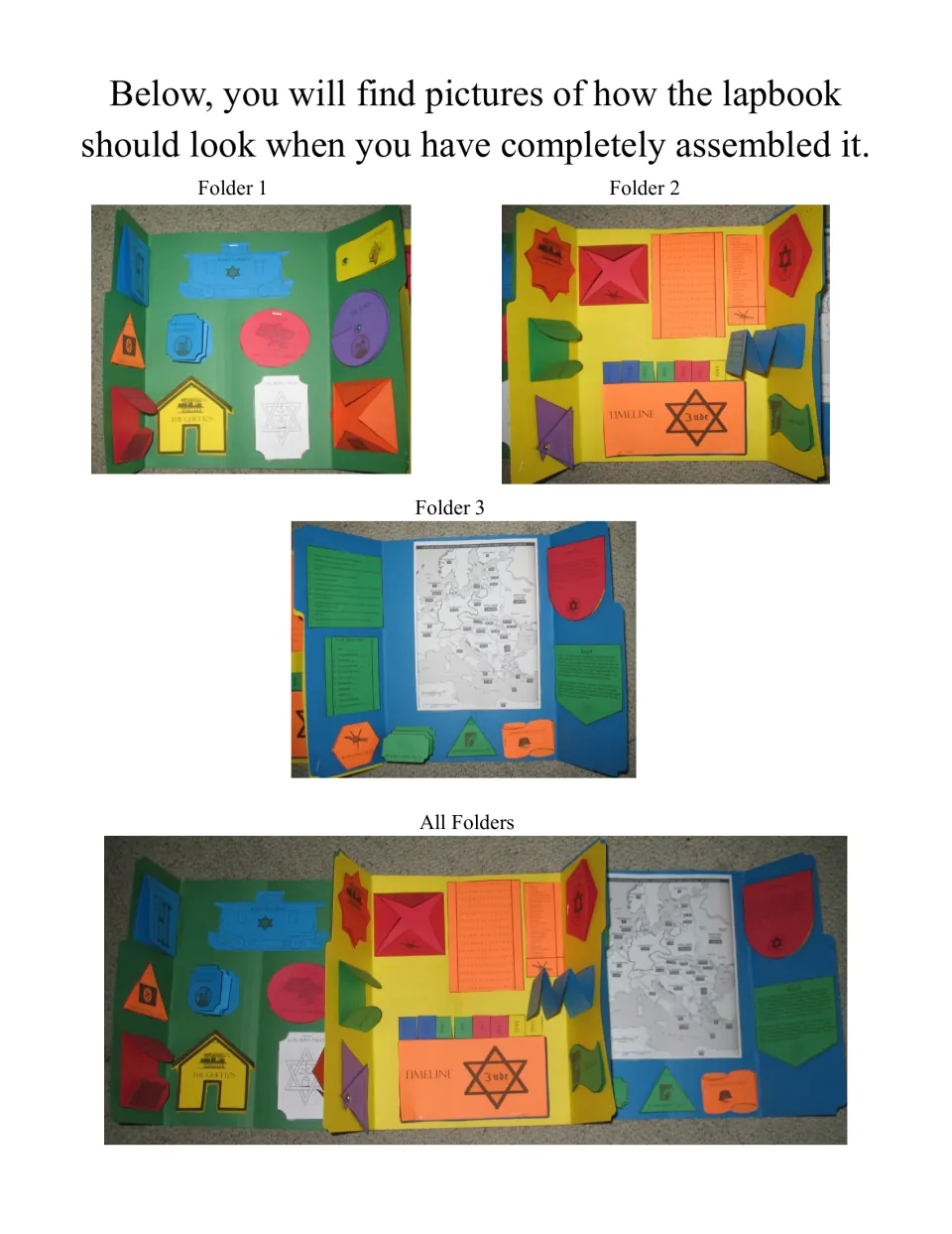 Photos of the finished lapbook: Folders 1, 2 and 3 and all folders together, with colored booklets, timeline and map