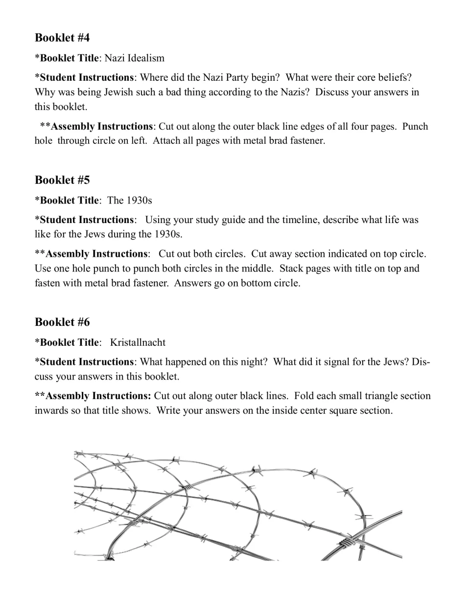 Booklets 4 to 6 prompts: students discuss Nazi Idealism, Jewish life in the 1930s and Kristallnacht, with assembly steps