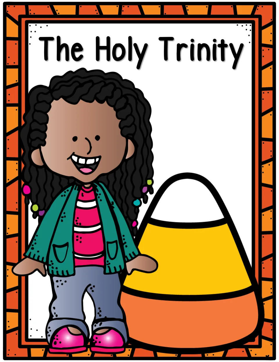 The Holy Trinity cover: a smiling girl stands beside a large candy corn striped white, yellow and orange