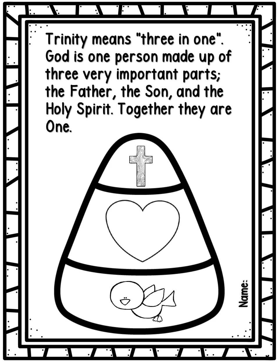 Trinity as three in one coloring: students color a candy corn with a cross, heart and dove for Father, Son and Holy Spirit