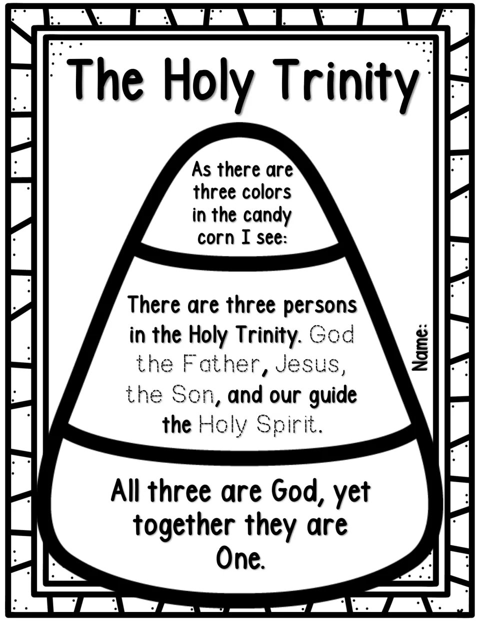 Candy corn poem on three persons in one God: students trace God the Father, Jesus, the Son and Holy Spirit