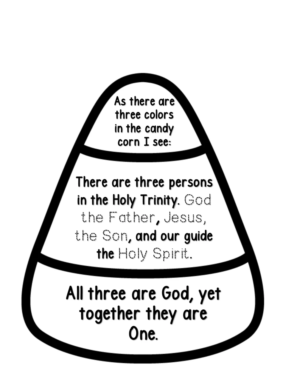Three persons in one God verse on a stand-alone candy corn shape; students trace Father, Jesus, Son and Holy Spirit