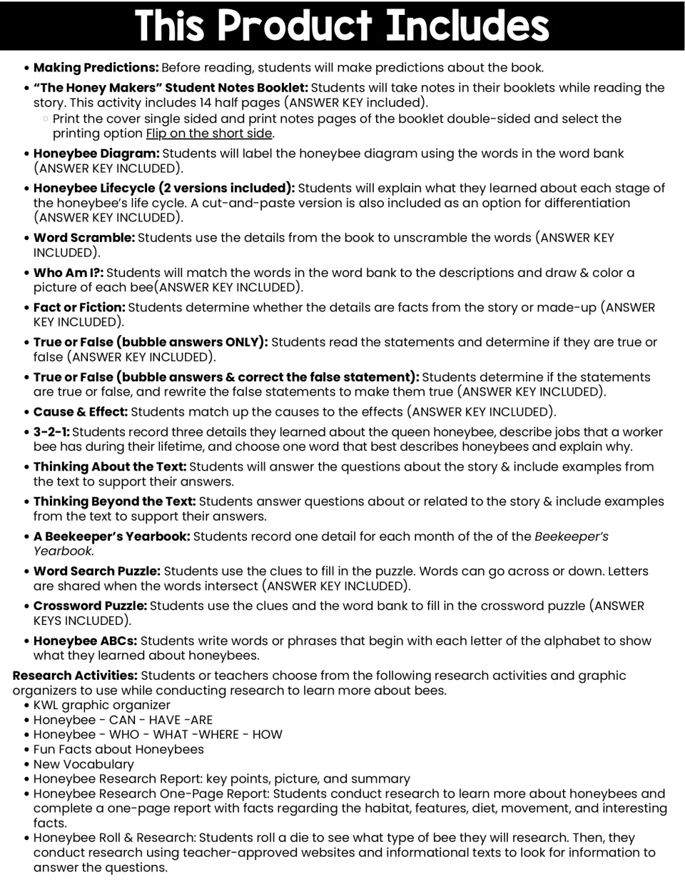Activity guide lists predictions, a student notes booklet, bee diagrams, comprehension tasks, and research.
