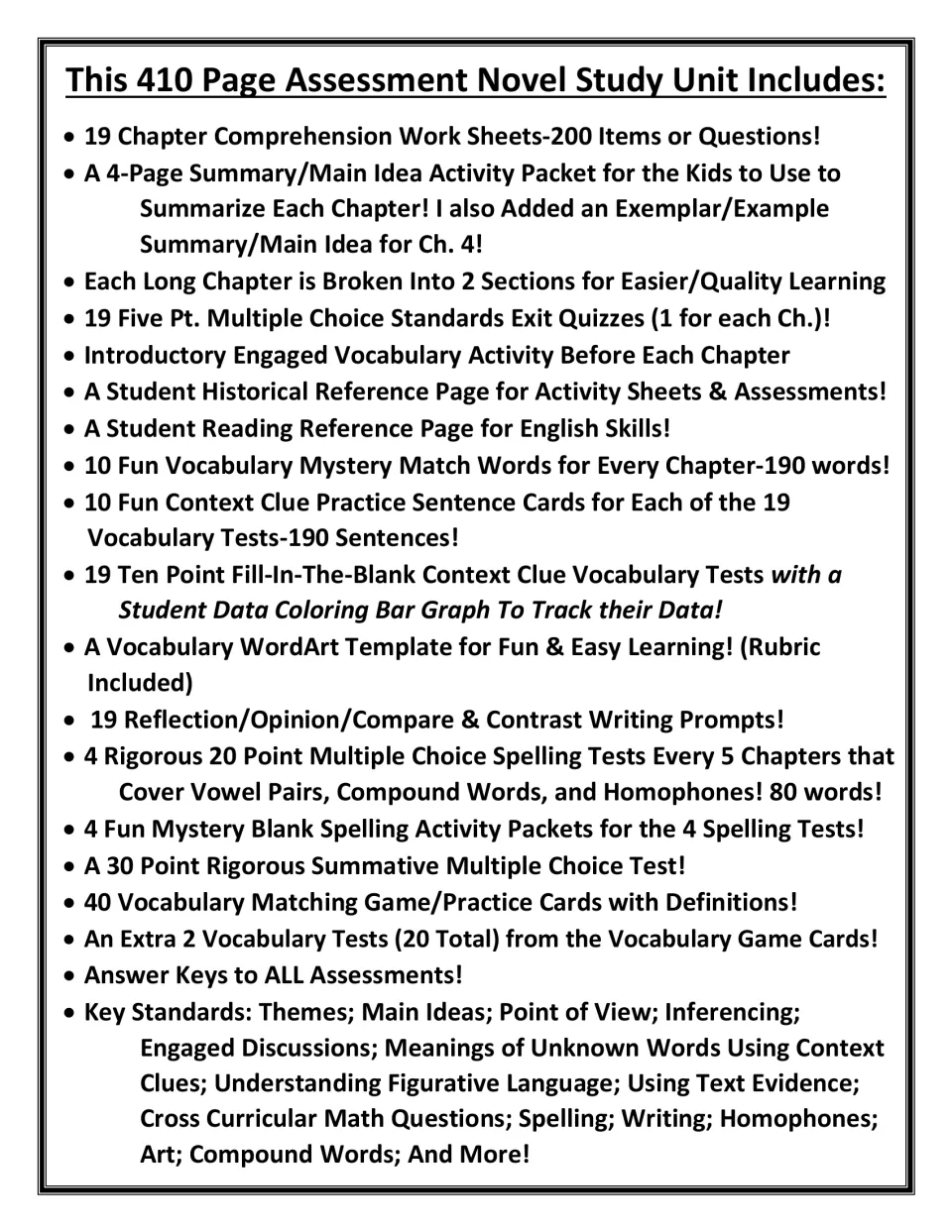 Unit contents list: chapter comprehension sheets, exit quizzes, vocabulary tests, spelling tests, writing prompts and keys