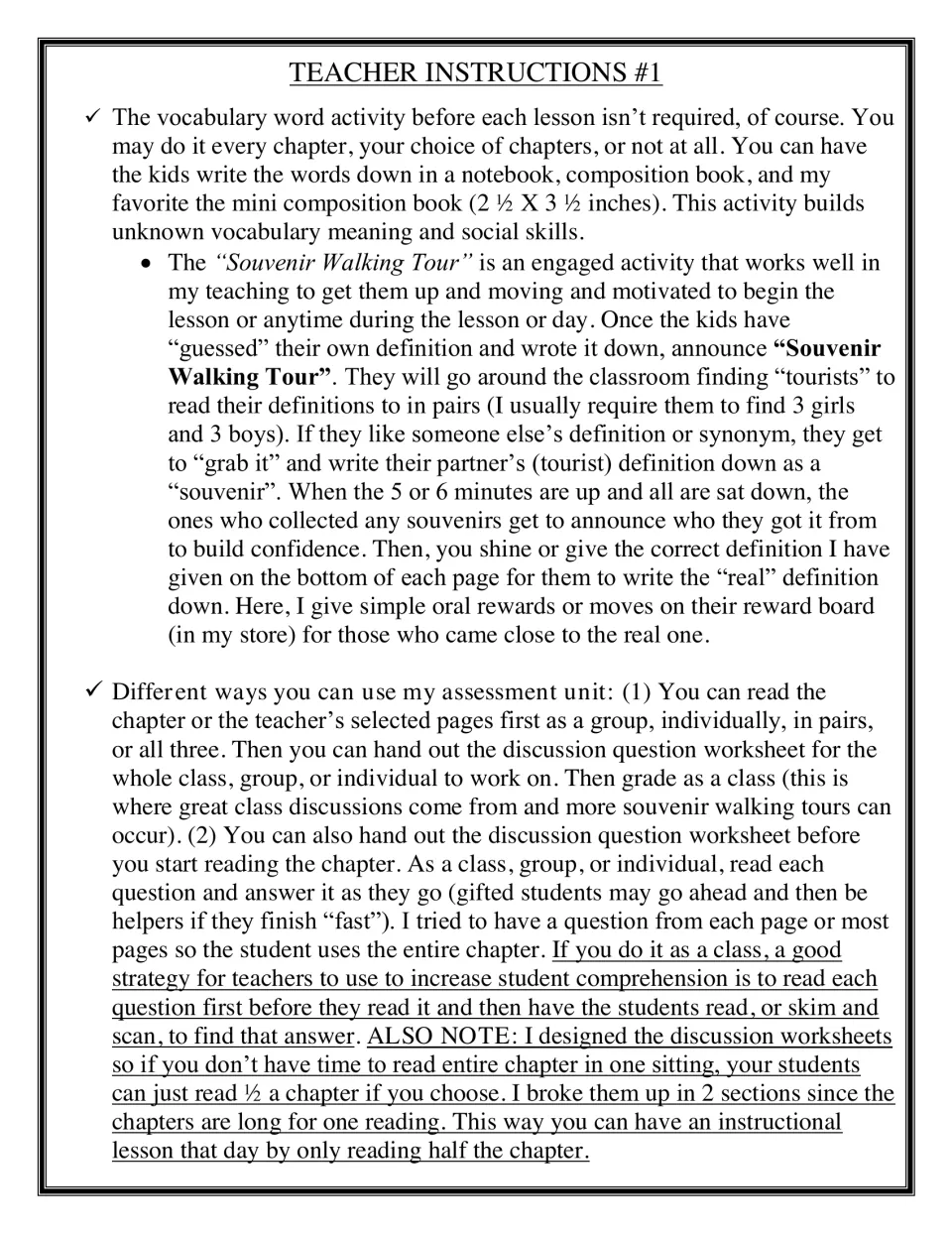 Teacher instructions: the Souvenir Walking Tour vocabulary warm-up and two ways to use the chapter discussion worksheets