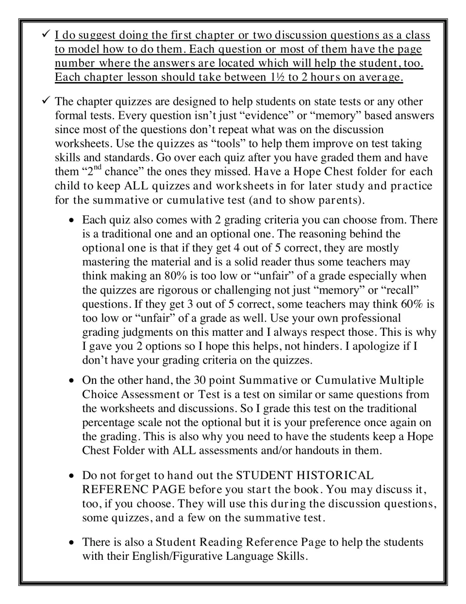 Teacher notes on modeling discussion questions, grading five-point exit quizzes two ways and keeping a student folder