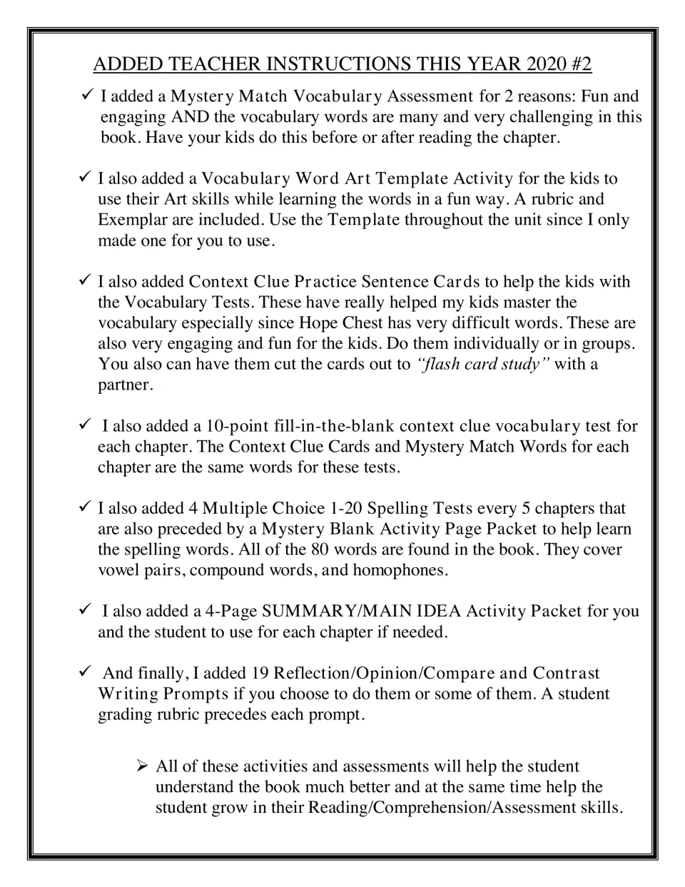 Added instructions for Mystery Match vocabulary, context clue cards, spelling tests and writing prompts with rubrics