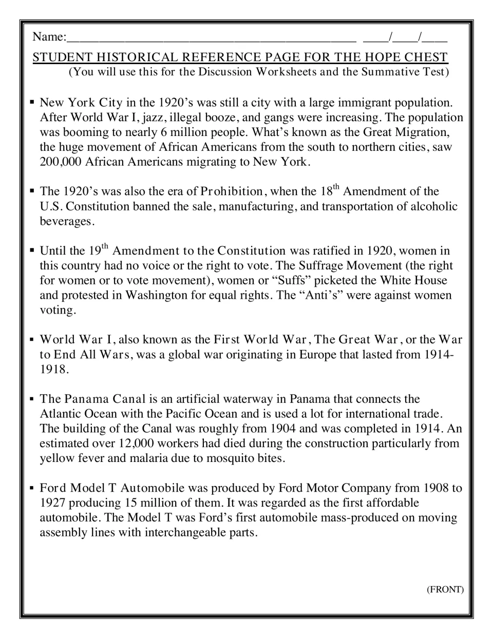 Historical reference for students on 1920s New York, Prohibition, the 19th Amendment, World War I, Panama Canal and Model T