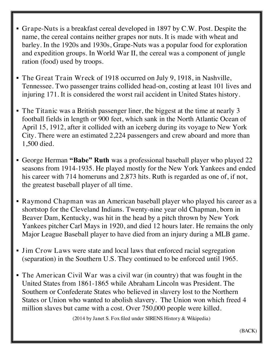Background notes continued: Titanic, Babe Ruth, Raymond Chapman, the 1918 train wreck, Jim Crow laws and the Civil War