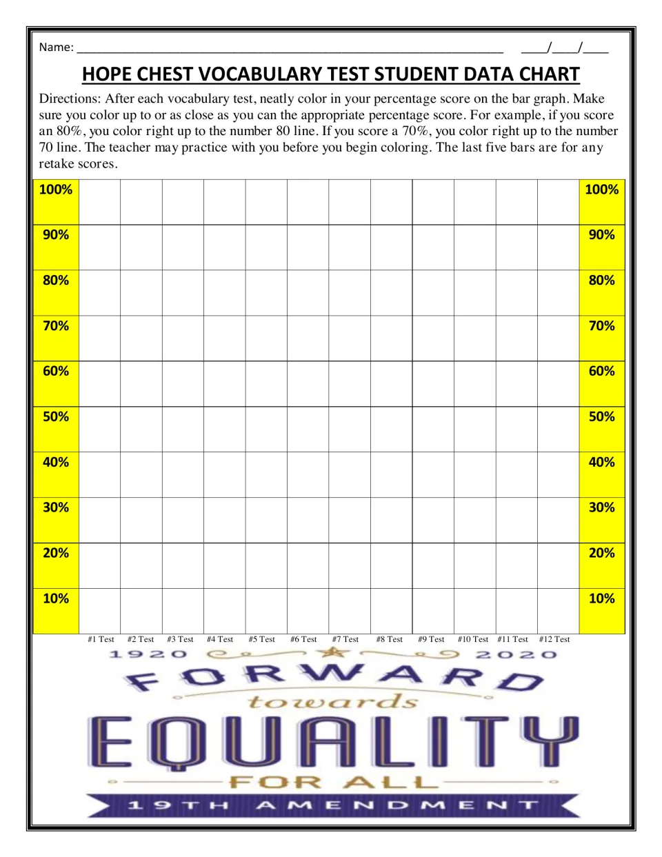 Vocabulary test data chart: students color a bar to their percentage score for each of 12 tests to track progress