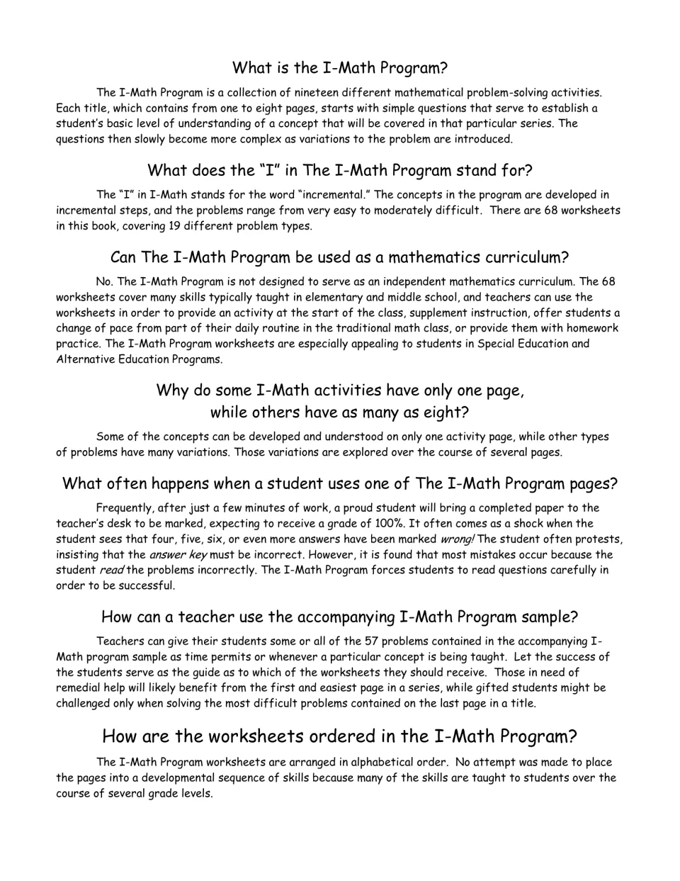 I-Math FAQ: 68 worksheets on 19 problem types, easy-to-harder steps, classroom uses and why titles are alphabetical