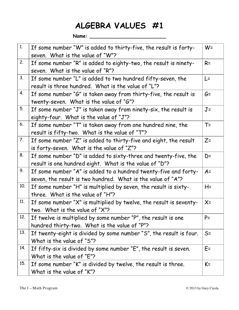 Algebra Values #1: students solve 15 one-step word problems for an unknown letter, e.g. W added to 35 makes 47
