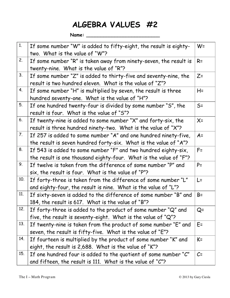 Algebra Values #2: students solve 15 written problems where a letter sits inside a sum, difference, product or quotient