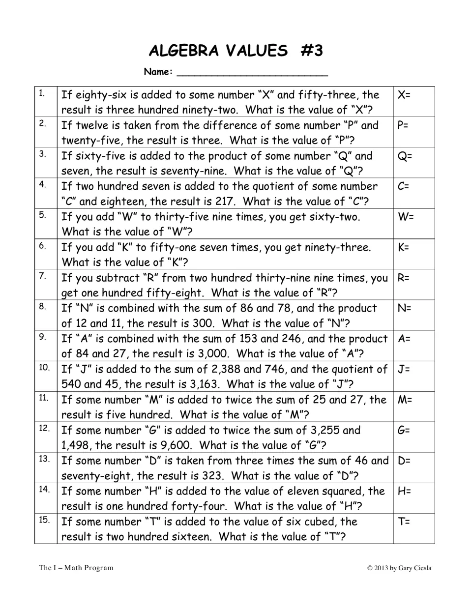 Algebra Values #3: students find 15 unknown letters in multi-step problems with twice a sum, eleven squared, six cubed