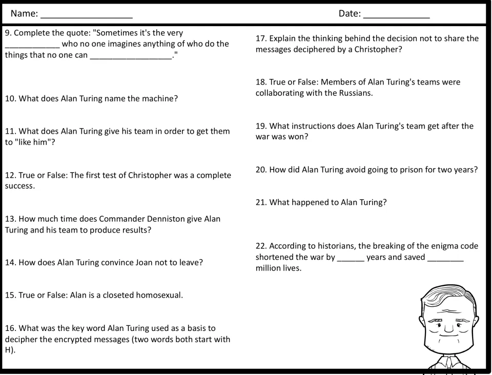 Movie questions 9-22: students complete a quote, answer true/false items and recall events after the war