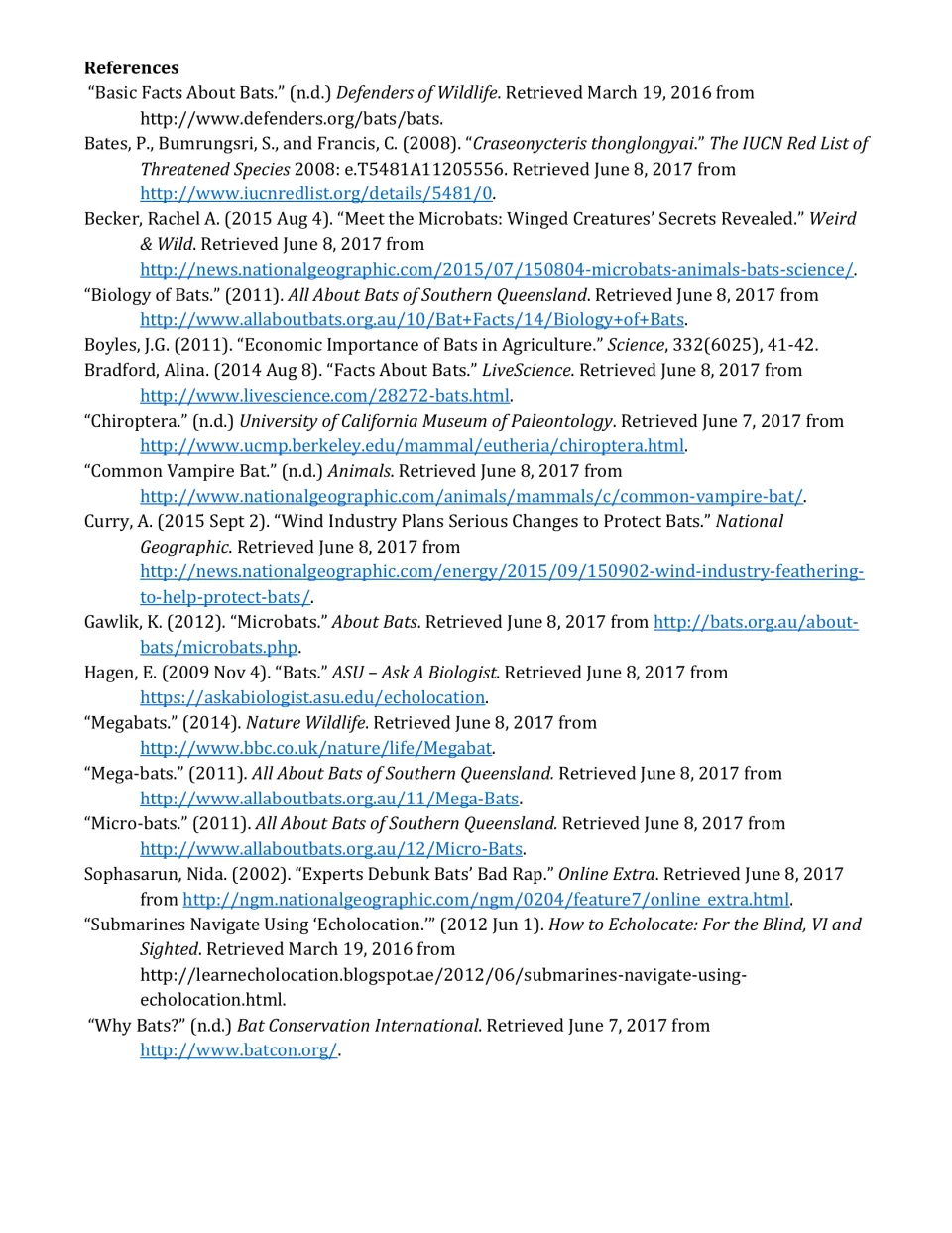 References list of bat sources for the article, including Defenders of Wildlife, National Geographic and LiveScience