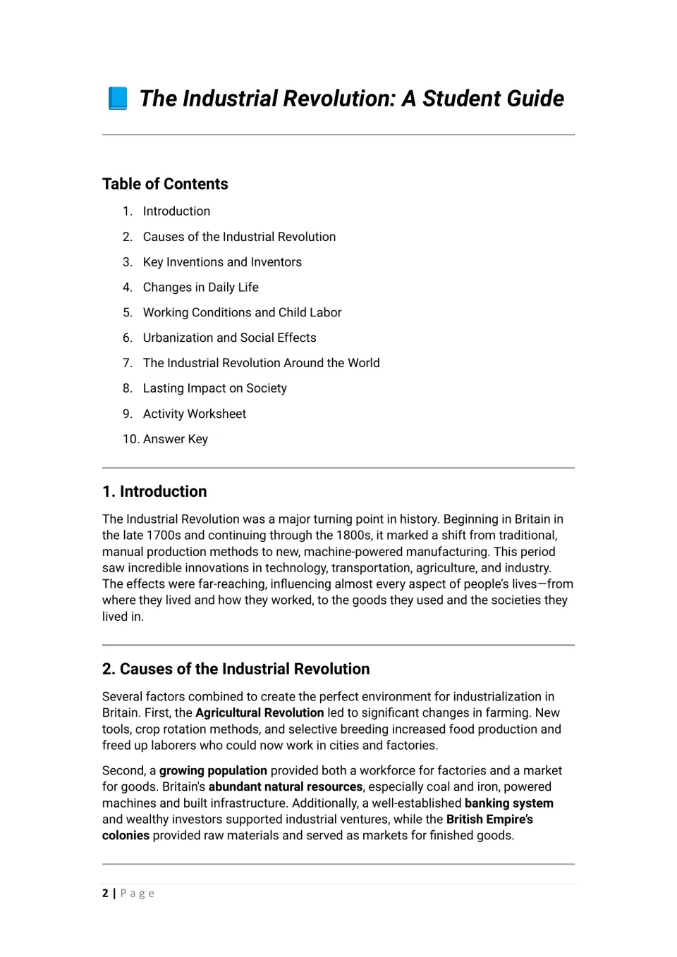Student guide contents list, an introduction to the shift to machine production and causes like coal, iron and population