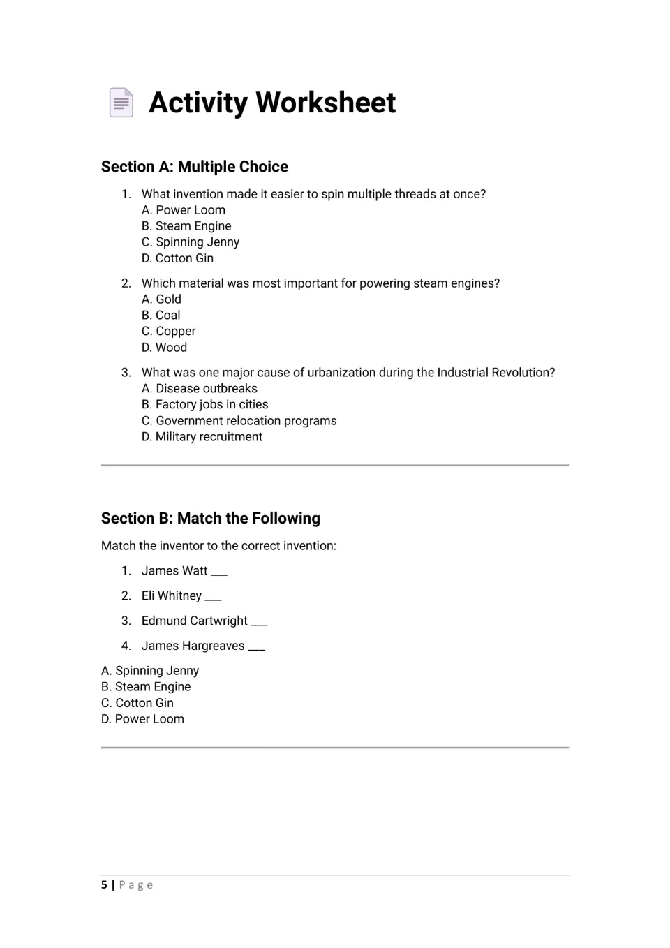 Inventions and urbanization quiz: three multiple-choice questions, then students match four inventors to their inventions