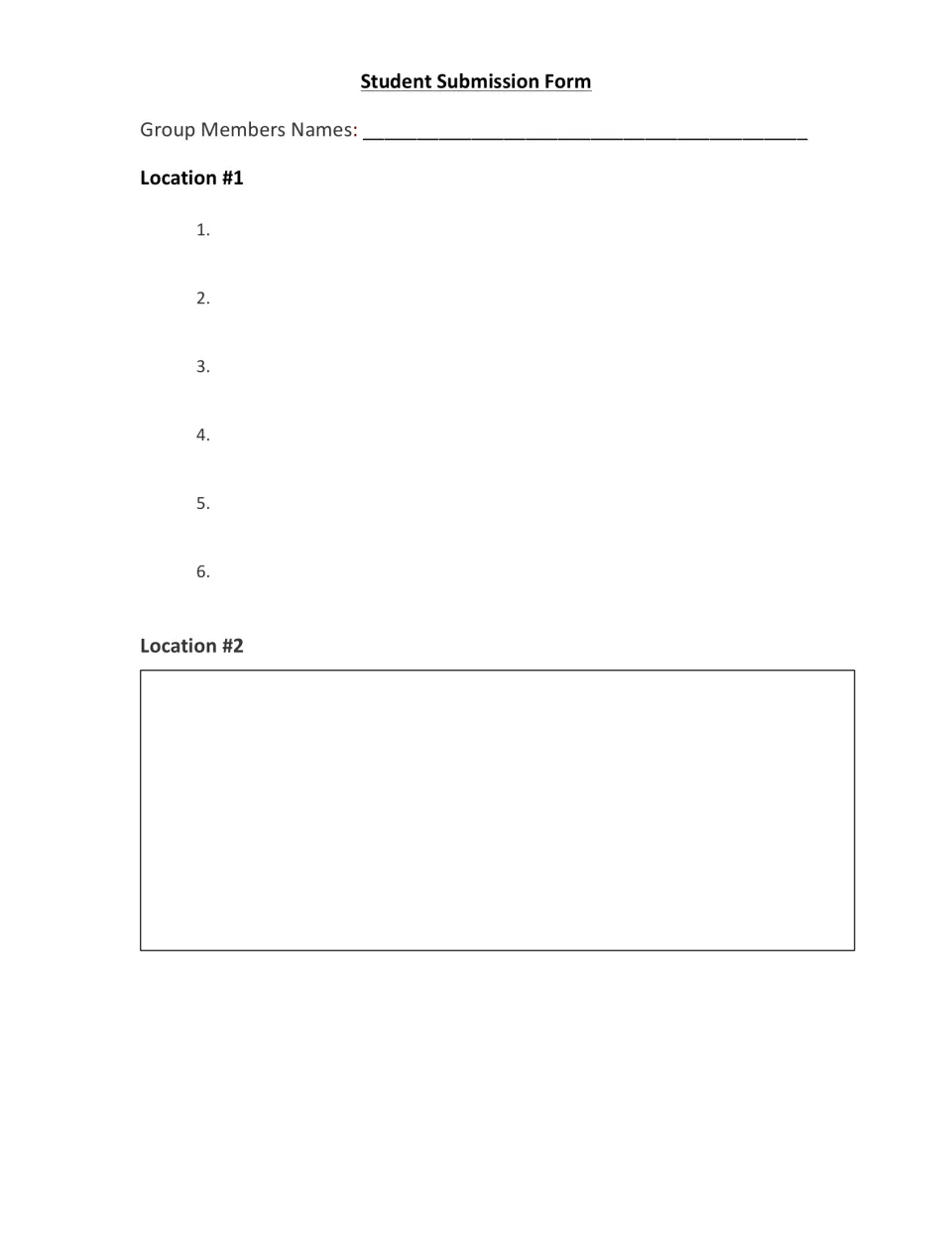 Student submission form for the ISS scavenger hunt: six responses for Location #1 and space for Location #2.