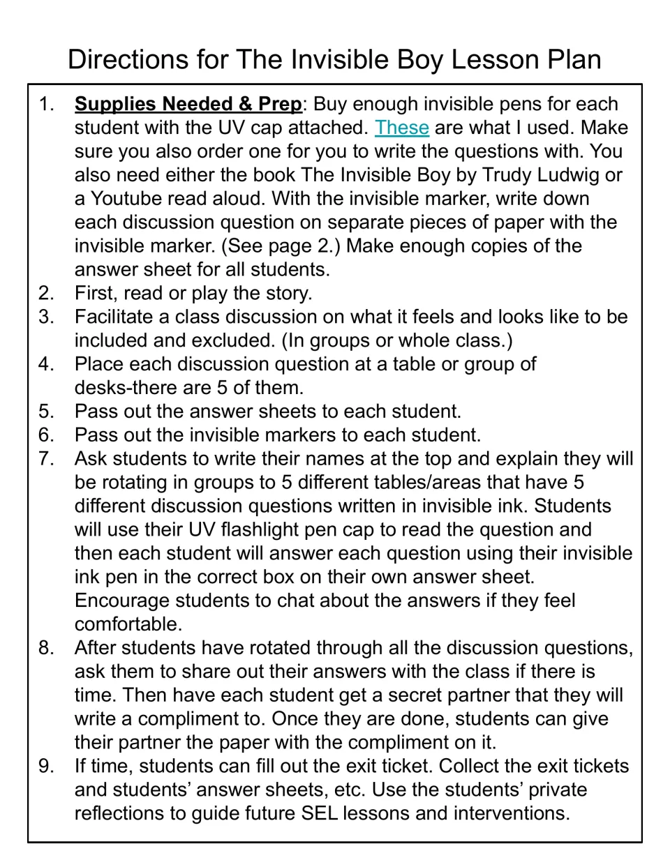 Lesson directions: nine steps for invisible-ink pen prep, reading the story, rotating to 5 question tables and exit tickets