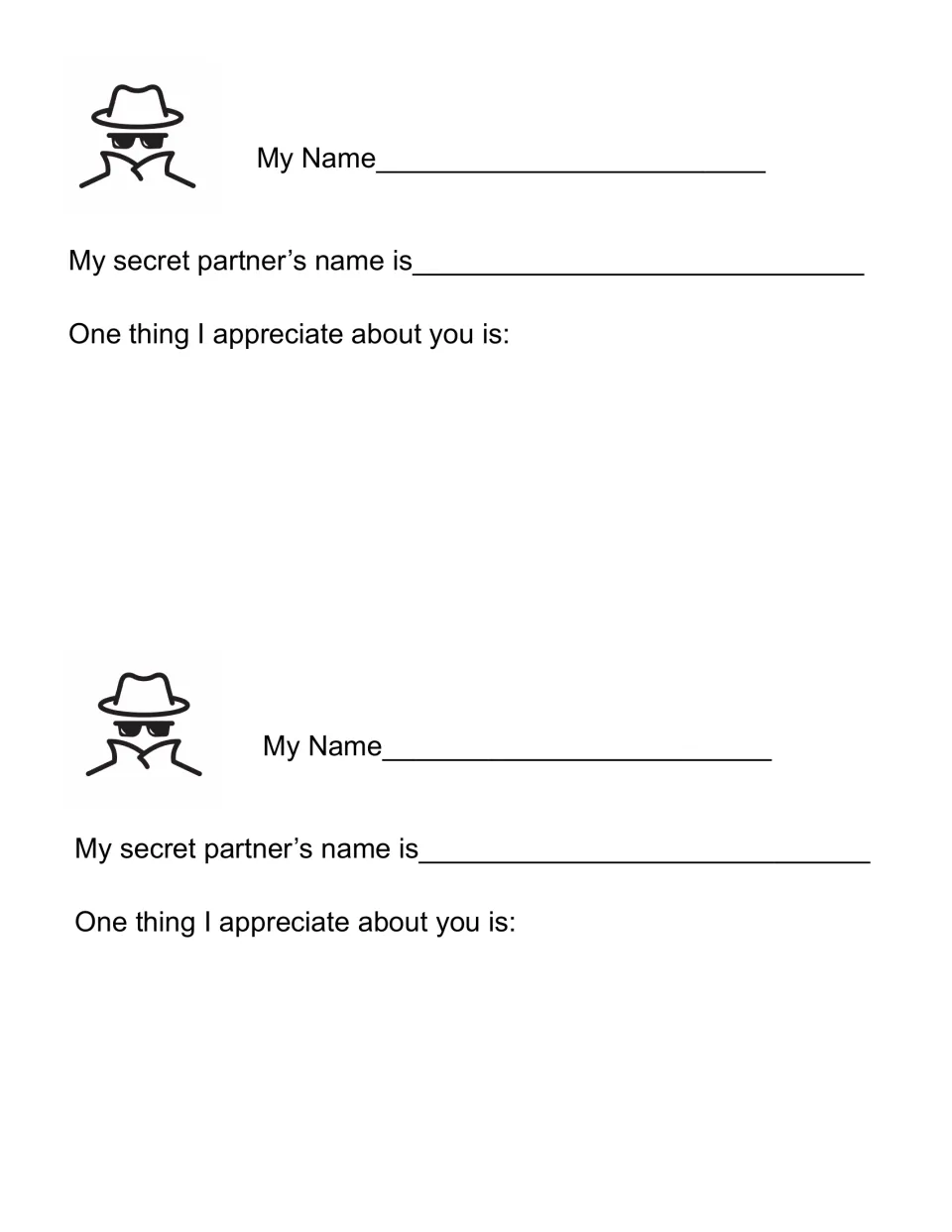 Secret partner compliment slips: students write their name, a partner's name and one thing they appreciate about them