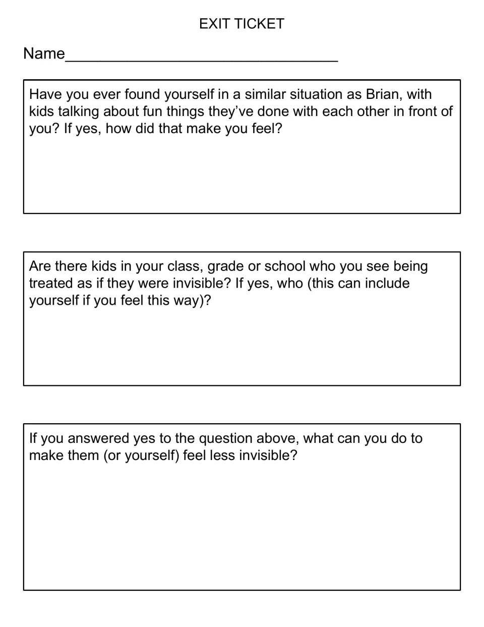 Exit ticket reflection: three questions on feeling left out like Brian, noticing invisible classmates and how to help