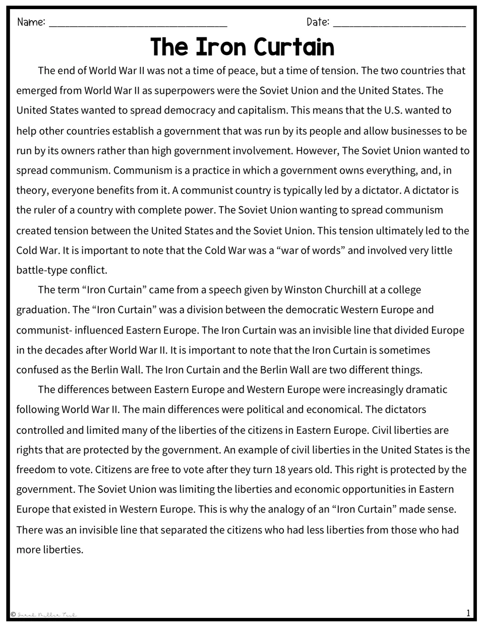 Iron Curtain reading passage on Cold War tension, Churchill's speech and civil liberties in Eastern vs. Western Europe
