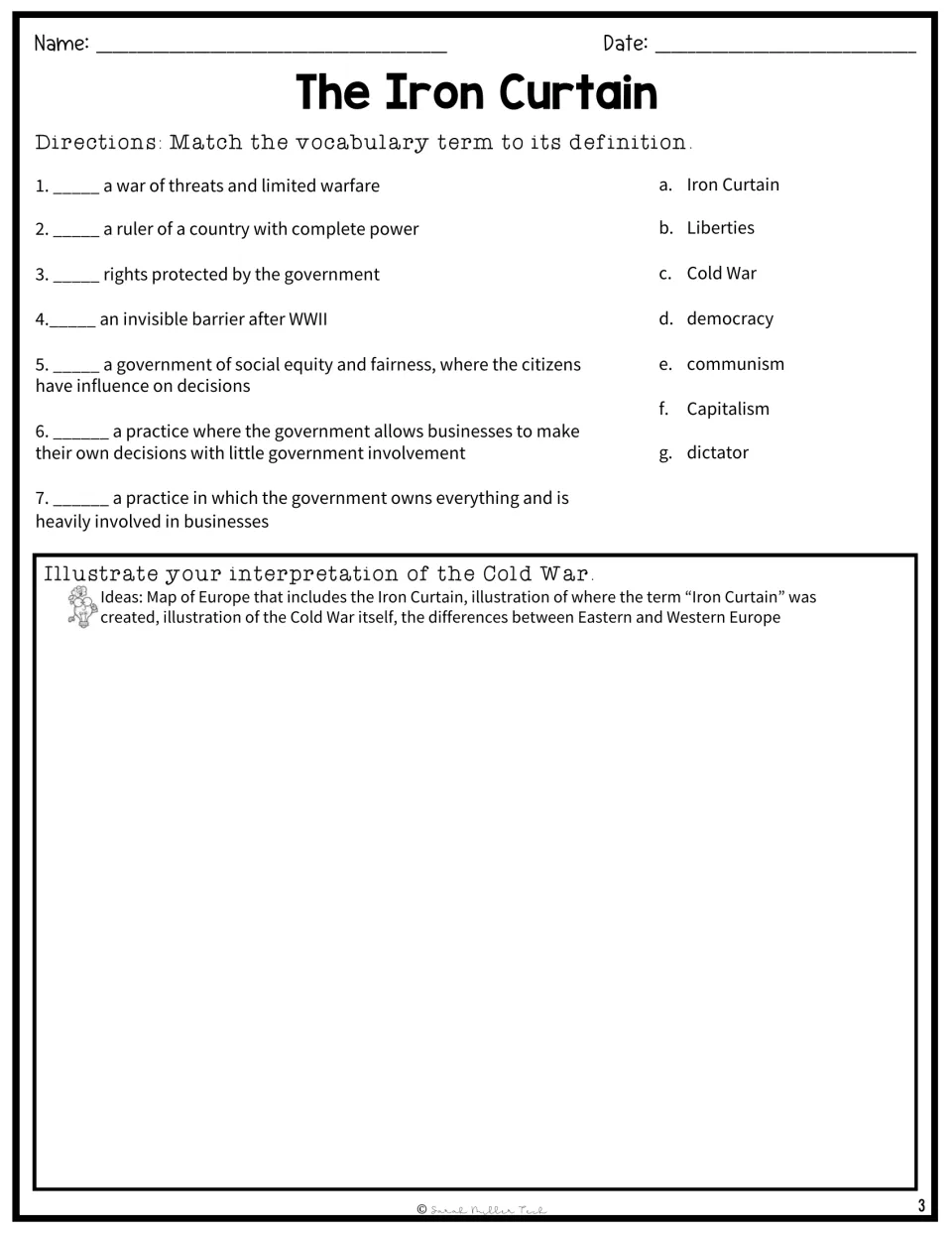 Cold War vocabulary: students match 7 definitions to terms like dictator and communism, then illustrate the Cold War