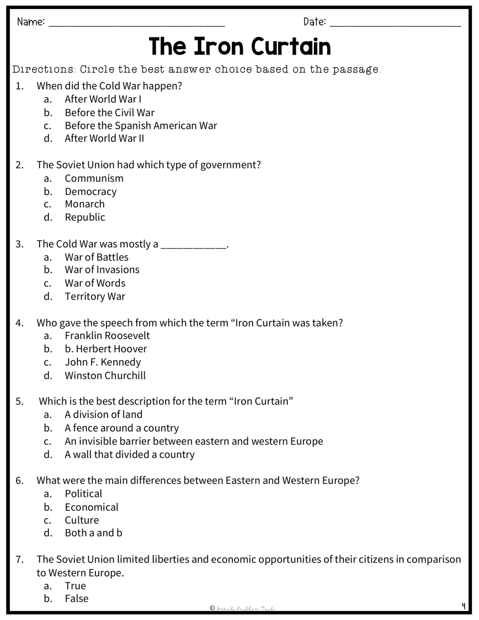 Reading comprehension: students circle answers to 7 questions on Cold War, Churchill and Eastern vs. Western Europe