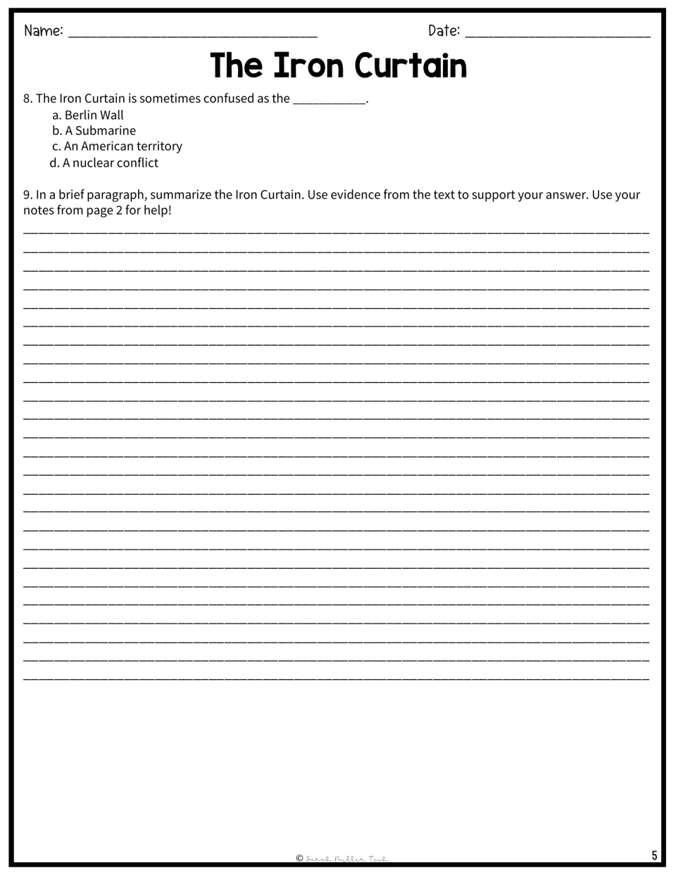 Summary writing: students answer a Berlin Wall question, then summarize the Iron Curtain in a paragraph with text evidence