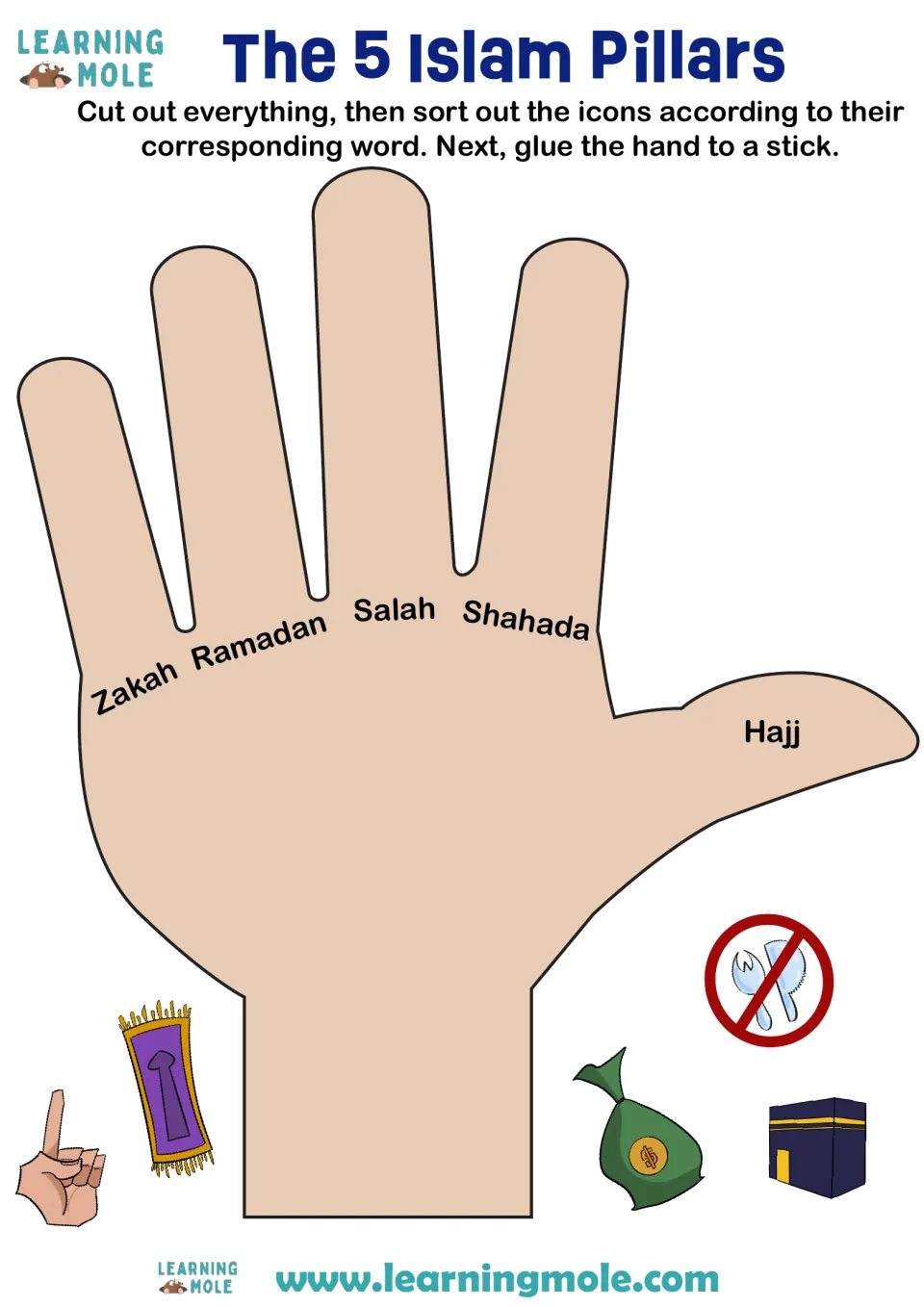Five Pillars of Islam hand craft: students cut out icons and match them to Shahada, Salah, Zakah, Ramadan and Hajj