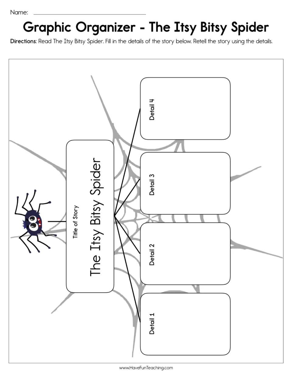 Itsy Bitsy Spider story details: students write four details from the rhyme on a spider web map, then retell the story