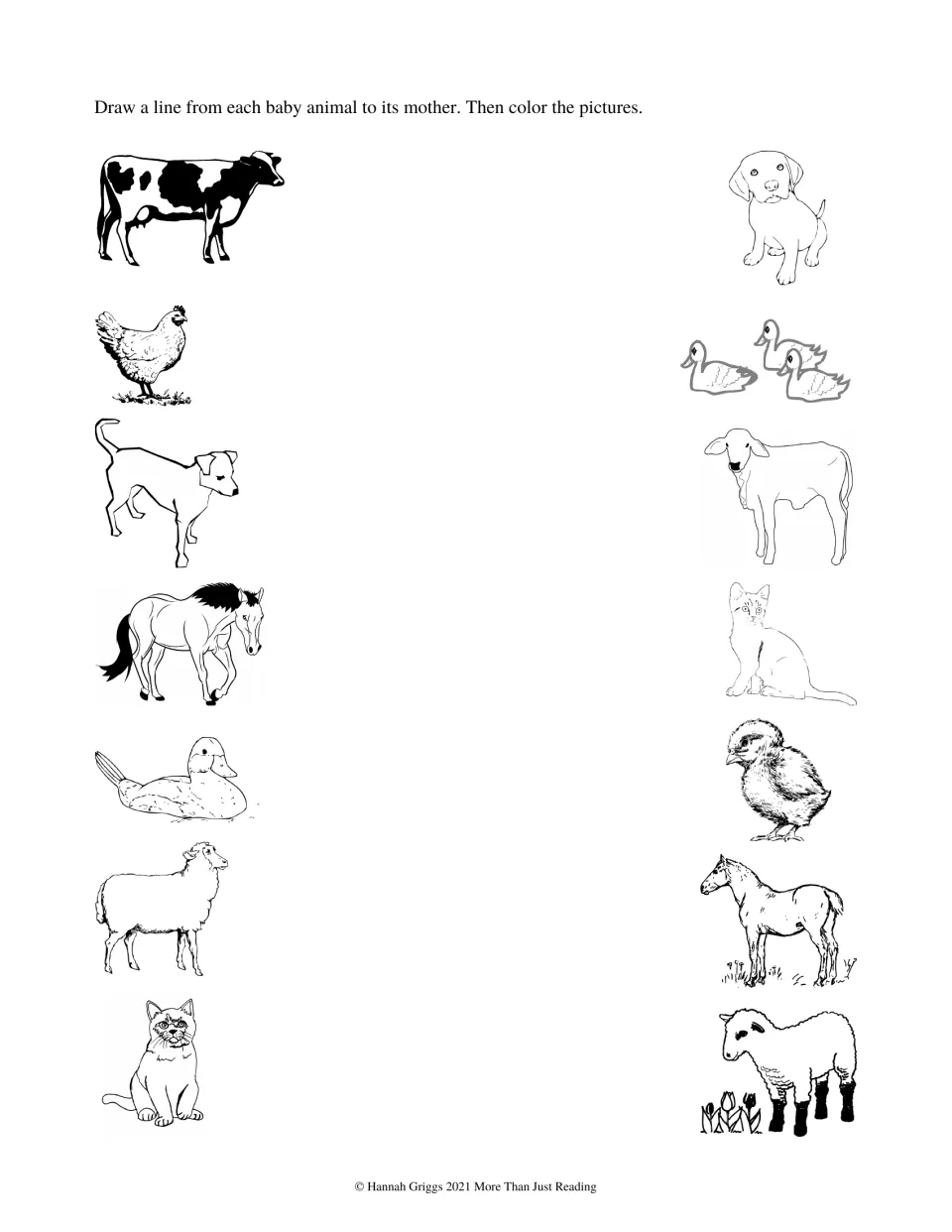 Animal mothers and babies: students draw lines from cow, hen, dog, horse, duck, sheep and cat to their young, then color