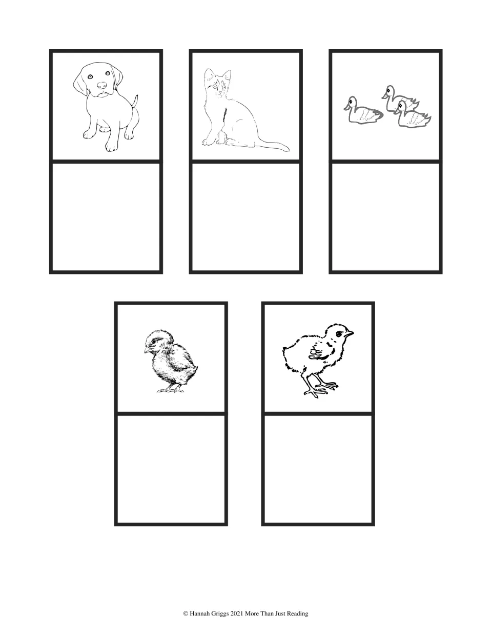 Stand-up baby animal craft cards to color, cut and fold: a puppy, a kitten, three ducklings and two chicks