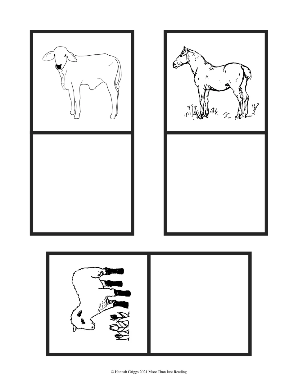 More stand-up craft cards of baby farm animals to color, cut and fold: a calf, a foal and a lamb
