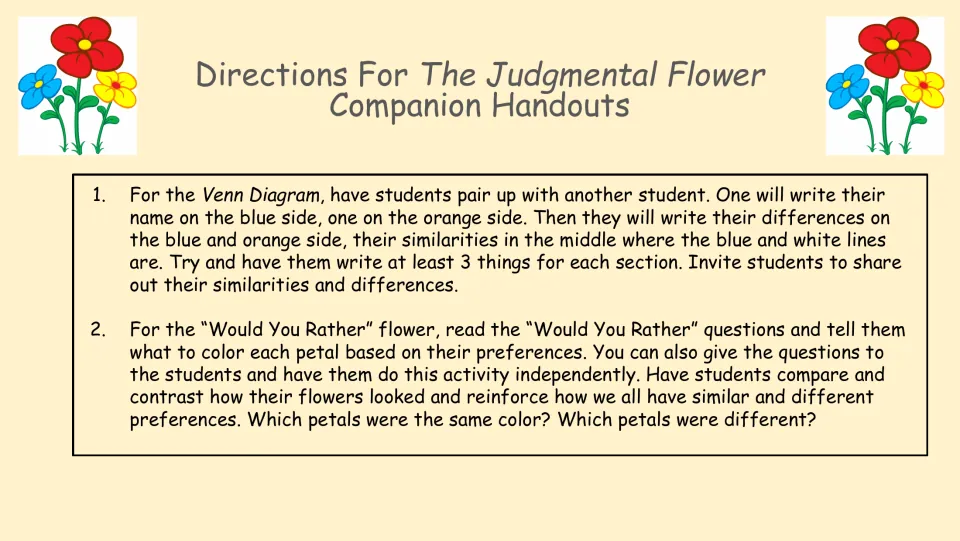 Teacher directions for the Venn diagram and Would You Rather flower: partners list differences and similarities