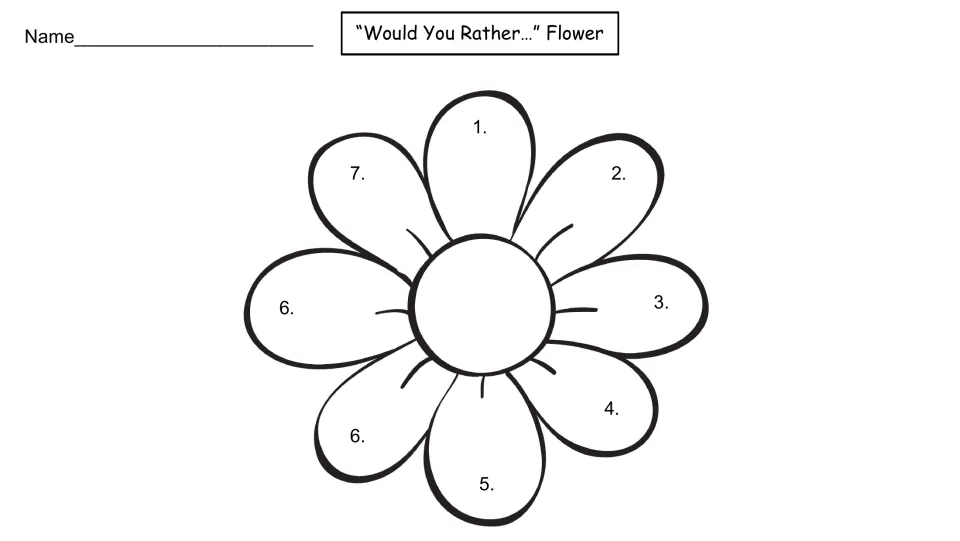 Would You Rather flower with seven numbered petals that students color to match their choices, with a name line