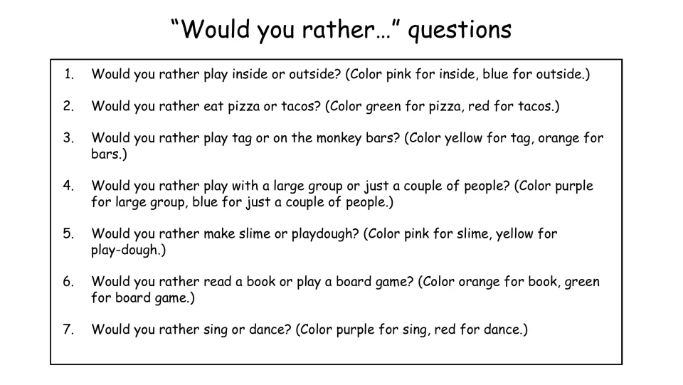 Seven Would You Rather questions, such as pizza or tacos, each with the petal color to use for each choice