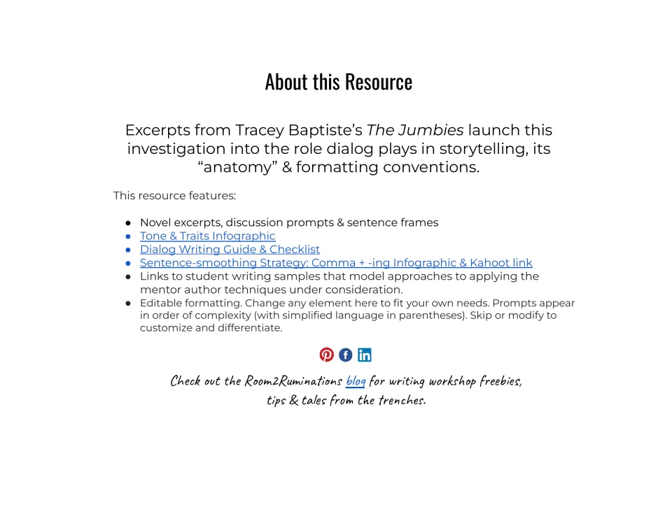 About this Resource: The Jumbies excerpts on dialog, plus tone and traits, dialog checklist and comma + -ing infographics