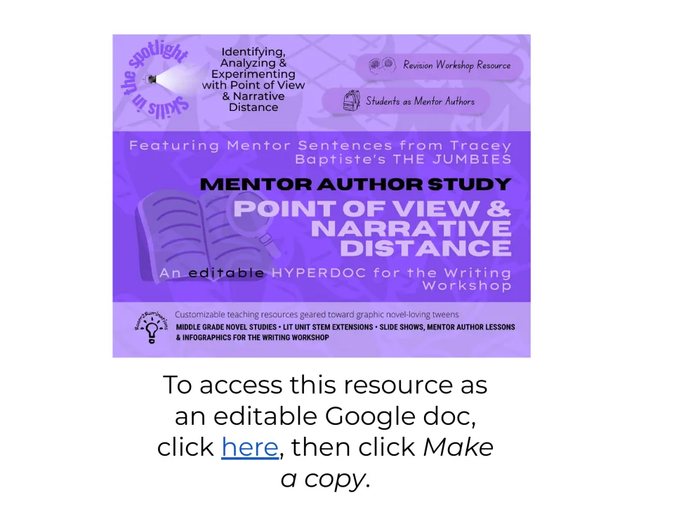 Cover: Point of View & Narrative Distance mentor author study hyperdoc using sentences from Tracey Baptiste's The Jumbies