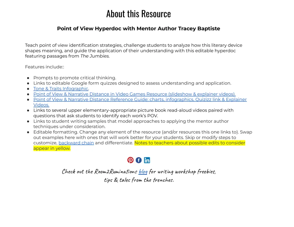 About this Resource: lists Google Form quizzes, a tone and traits infographic, read-aloud videos and writing samples