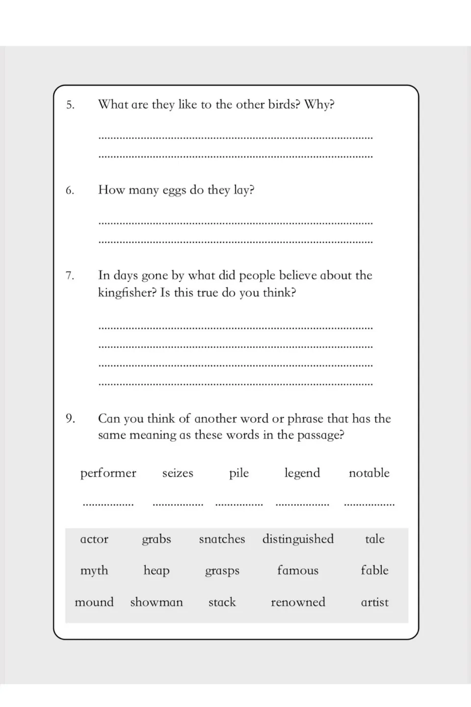 Kingfisher questions cover behavior, eggs, and a legend, followed by synonyms for performer, seizes, and three more