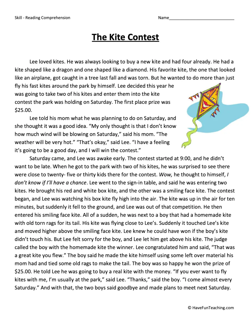 Reading passage about Lee entering two kites in a contest, letting another boy win, and making a new friend.