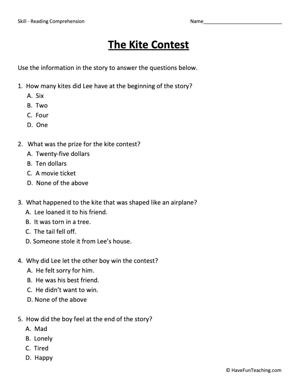 Five multiple-choice questions about Lee's kites, the contest prize, the torn kite, and the boys' feelings.