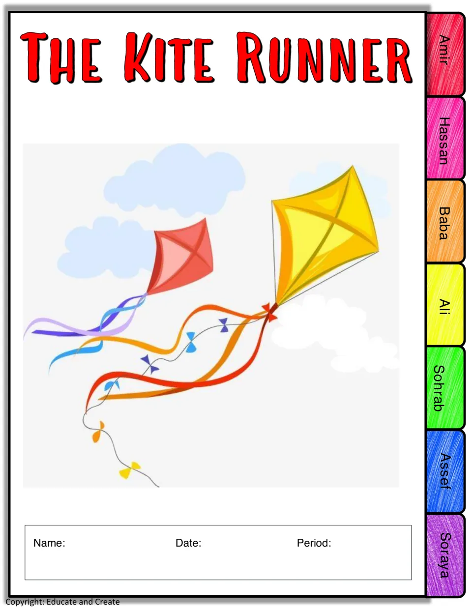 Kite Runner flipbook cover with kites and tabs for Amir, Hassan, Baba, Ali, Sohrab, Assef and Soraya; name and period lines