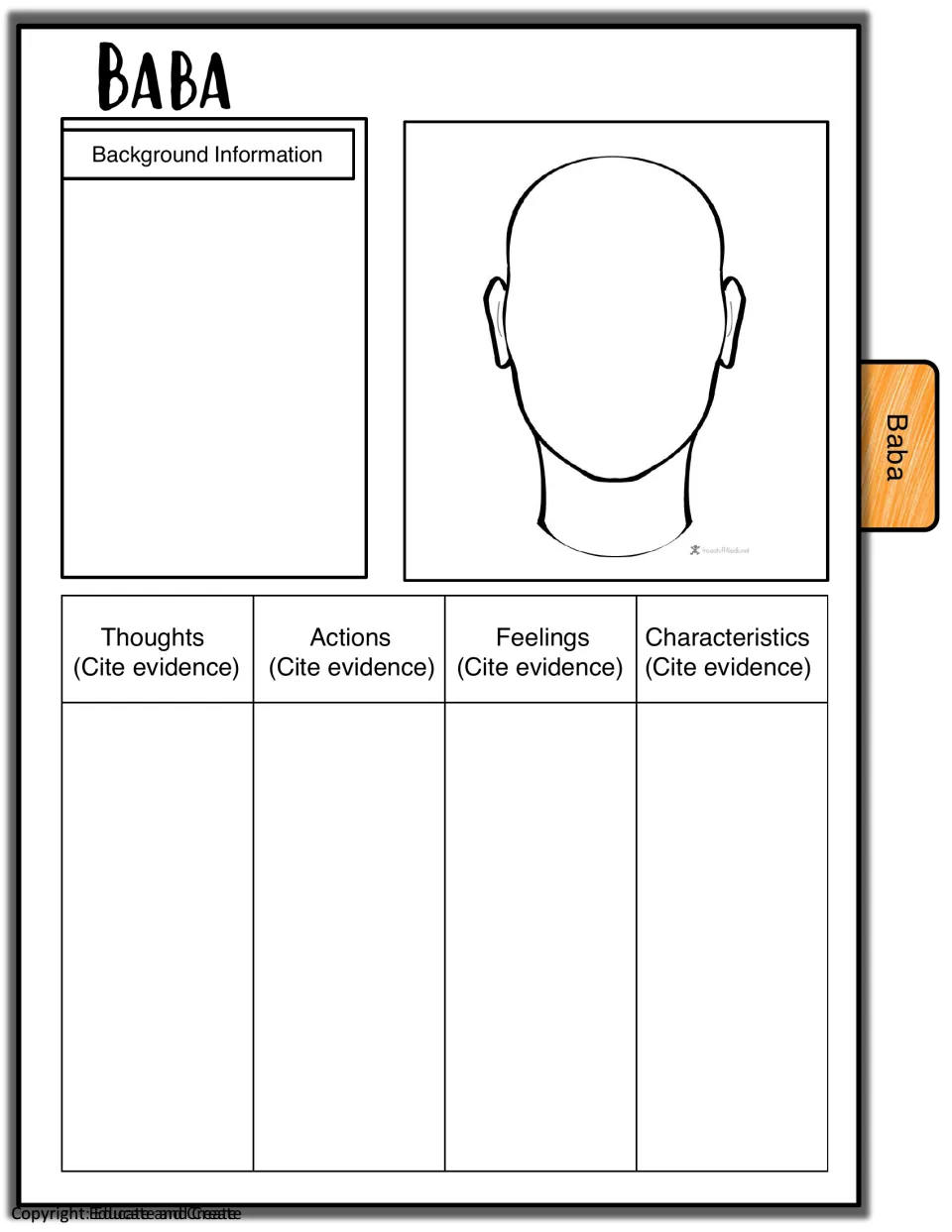 Baba characterization: students add background facts, draw a portrait and cite evidence for thoughts, actions and traits