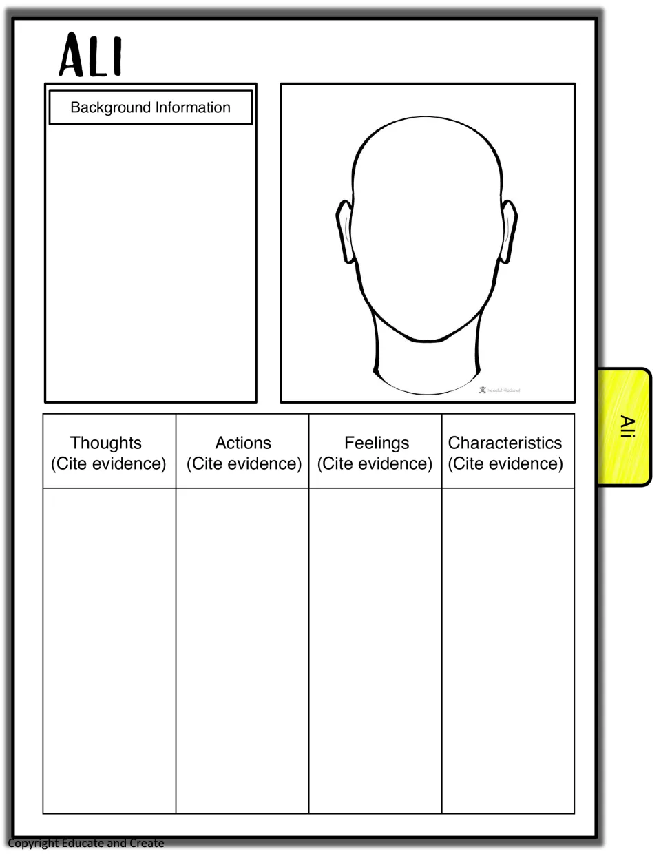 Ali characterization: students write background details, sketch his face and cite quotes showing his feelings and actions